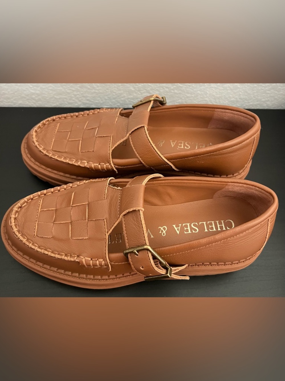 Chelsea and Violet Woven Leather Buckle Loafer - Tan